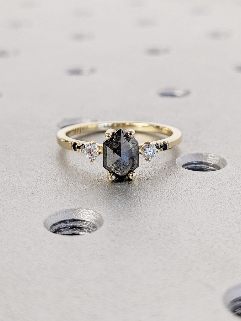 Salt and Pepper Diamond Engagement Ring | Vintage Wedding Ring | Solitaire Ring Unique Yellow Gold Ring | Art Deco Wedding Anniversary Ring