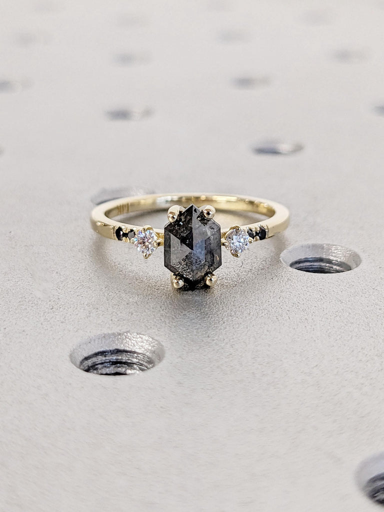 Dainty Diamond Promise Ring | 14k Yellow Gold Black Diamond Ring | 1, 1.5, 2 Carat Engagement Ring | Round and Hexagon cut Rings for Women