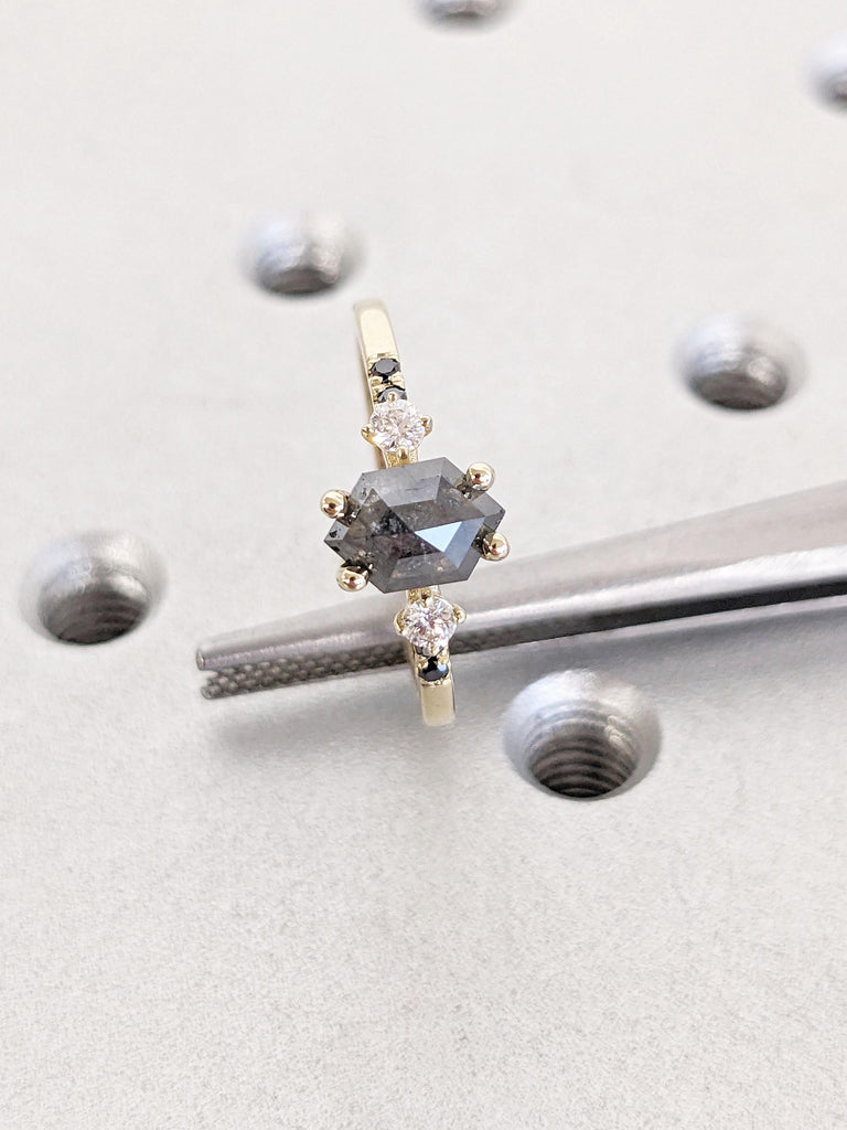 Hexagon Shaped Salt and Pepper Diamond Engagement Ring | Vintage 14k Gold Black Diamond Bridal Ring | Delicate Wedding Ring | Promise Anniversary Ring