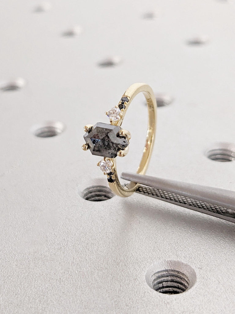 Salt and Pepper Diamond Engagement Ring | Vintage Wedding Ring | Solitaire Ring Unique Yellow Gold Ring | Art Deco Wedding Anniversary Ring