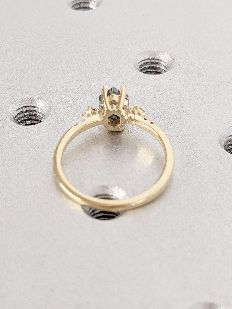 Salt and Pepper Diamond Engagement Ring | Vintage Wedding Ring | Solitaire Ring Unique Yellow Gold Ring | Art Deco Wedding Anniversary Ring