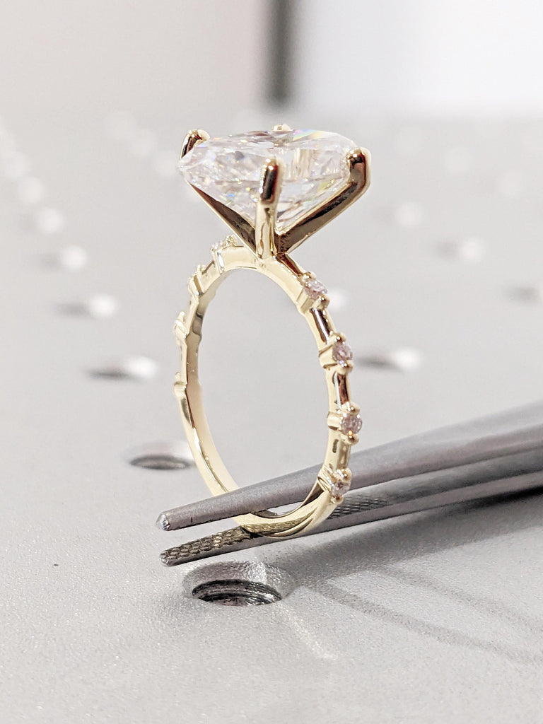 Oval Cut Moissanite Engagement Ring, Unique 14k Yellow Gold Statement Ring, Art Deco Eternity Wedding Rings for Women, Birthday Gift for Her