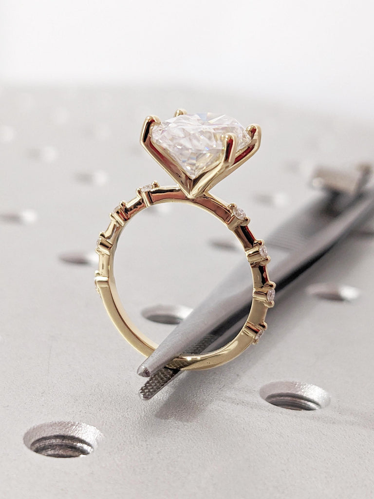 Oval Cut Moissanite Engagement Ring, Unique 14k Yellow Gold Statement Ring, Art Deco Eternity Wedding Rings for Women, Birthday Gift for Her