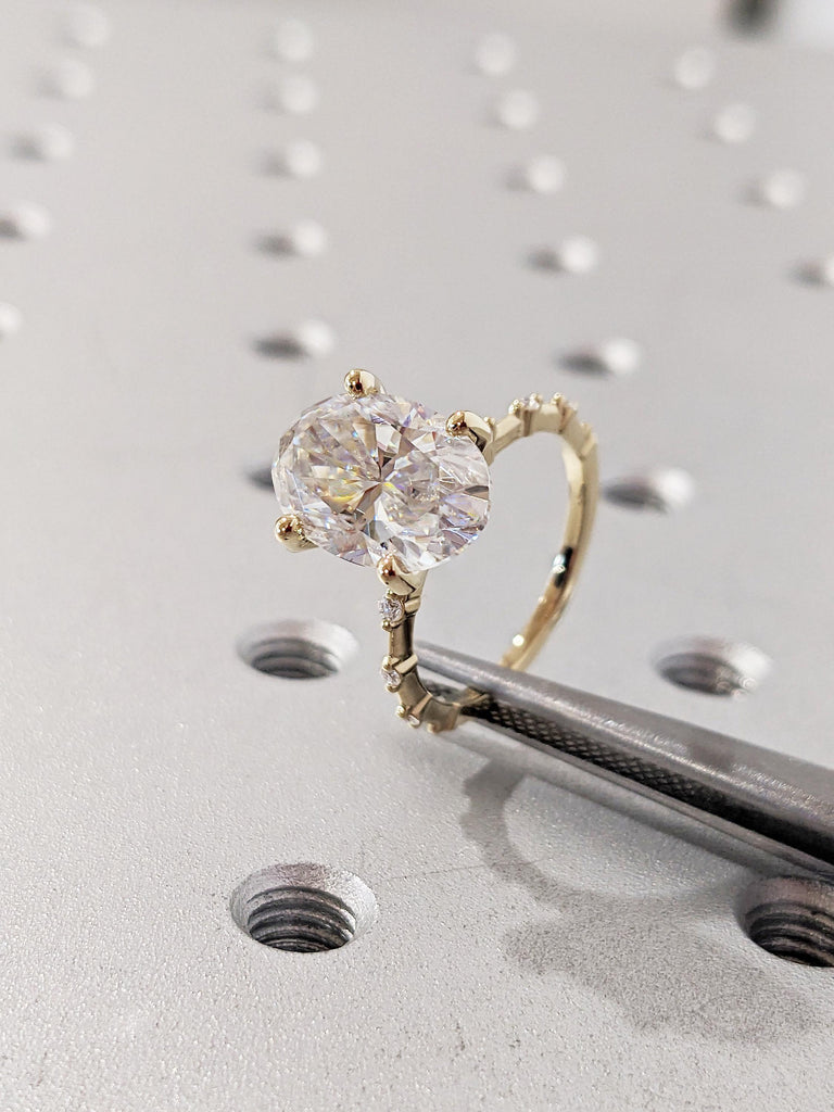 Oval Cut Moissanite Engagement Ring, Unique 14k Yellow Gold Statement Ring, Art Deco Eternity Wedding Rings for Women, Birthday Gift for Her