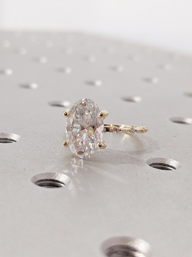Oval Cut Moissanite Engagement Ring, Unique 14k Yellow Gold Statement Ring, Art Deco Eternity Wedding Rings for Women, Birthday Gift for Her