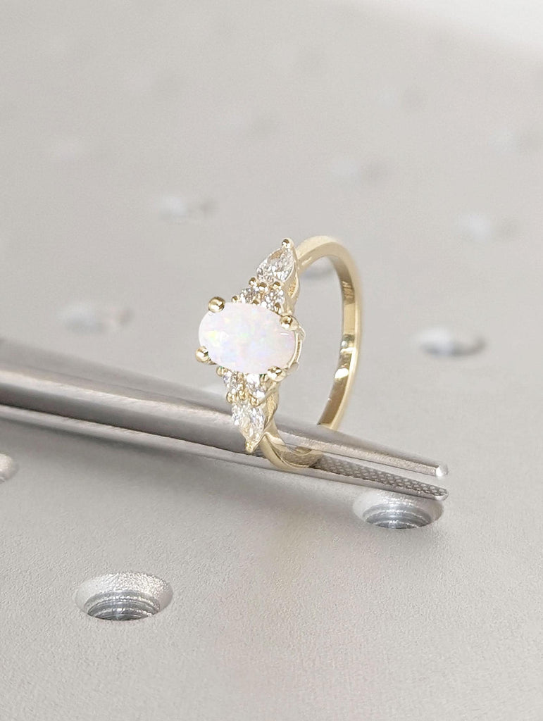 1 Carat White Opal Engagement Ring | Lab Diamond Cluster Ring | 14k Yellow Gold Rings for Women