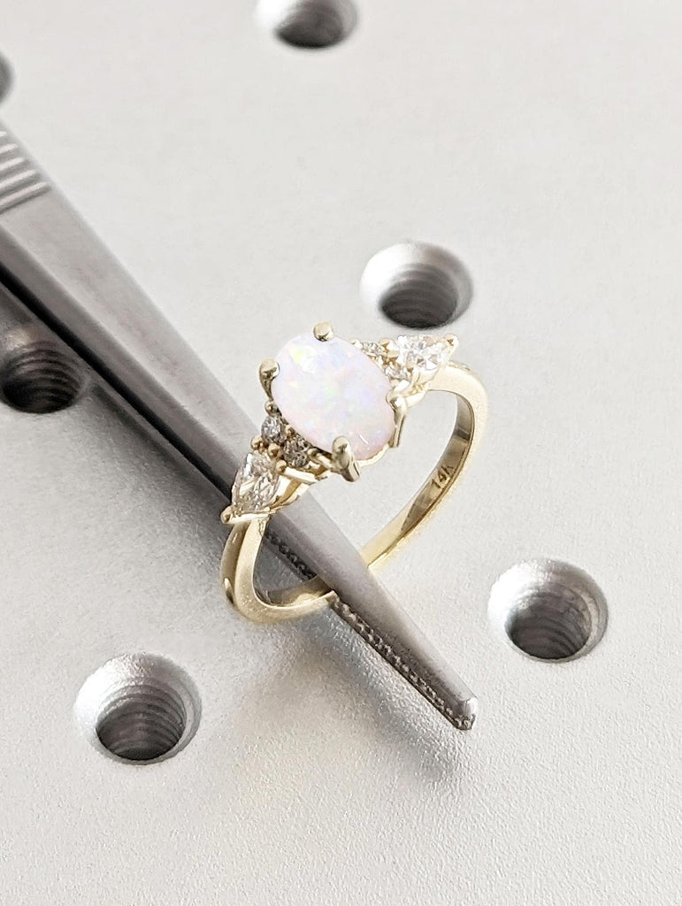 14k Yellow Gold Opal Engagement Ring | Art Deco Promise Anniversary Ring for Her