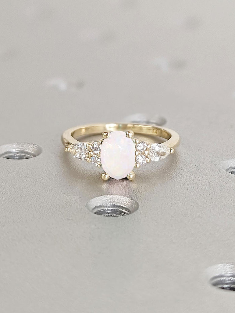 Unique Natural Opal and Lab Created Diamond Engagement Ring | 14k Yellow Gold Opal Ring | Women Wedding Ring
