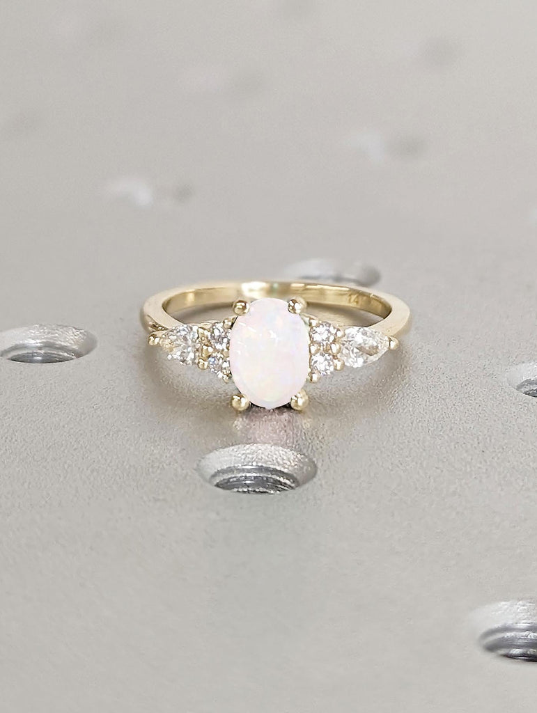 Unique Natural Opal and Lab Created Diamond Engagement Ring | 14k Yellow Gold Opal Ring | Women Wedding Ring