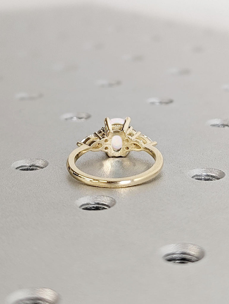 14k Yellow Gold Opal and Diamond Engagement Ring | Art Deco Promise Anniversary Ring for Her | Oval cut Opal Ring | Unique Engagement Ring