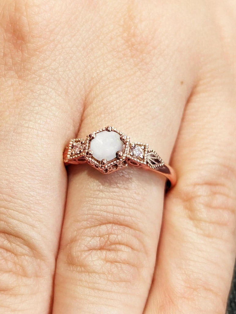 0.5ct Round cut Opal Engagement Ring | 14k Rose Gold Vintage Promise Ring | Milgrain Wedding Ring | White Gemstone Ring