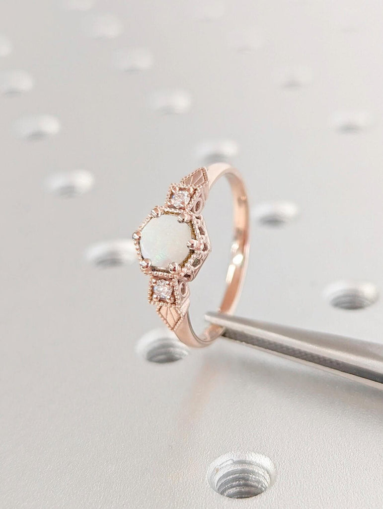 Natural White Opal Promise Ring Gold | Round Vintage Engagement Ring | Art Deco Ring Moonstone Gemstone Statement Ring | Anniversary Gift