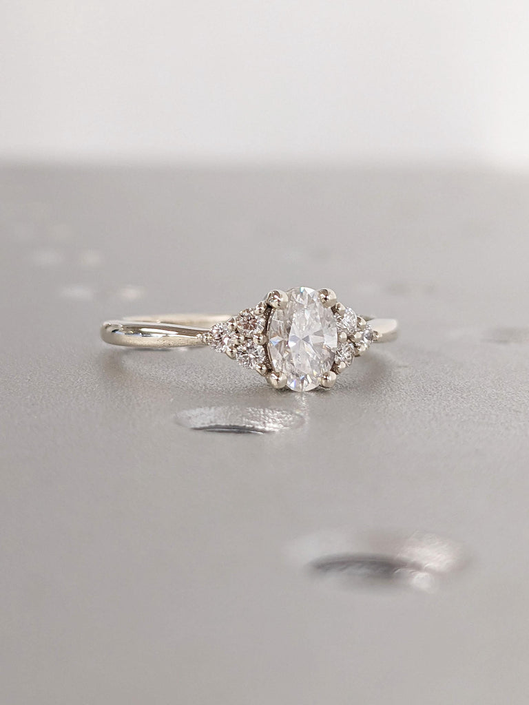 Oval cut Moissanite Engagement Rings for Women | Vintage Ring | Unique Lab Diamond Cluster White Gold Promise Ring, Oval Diamond Bridal ring