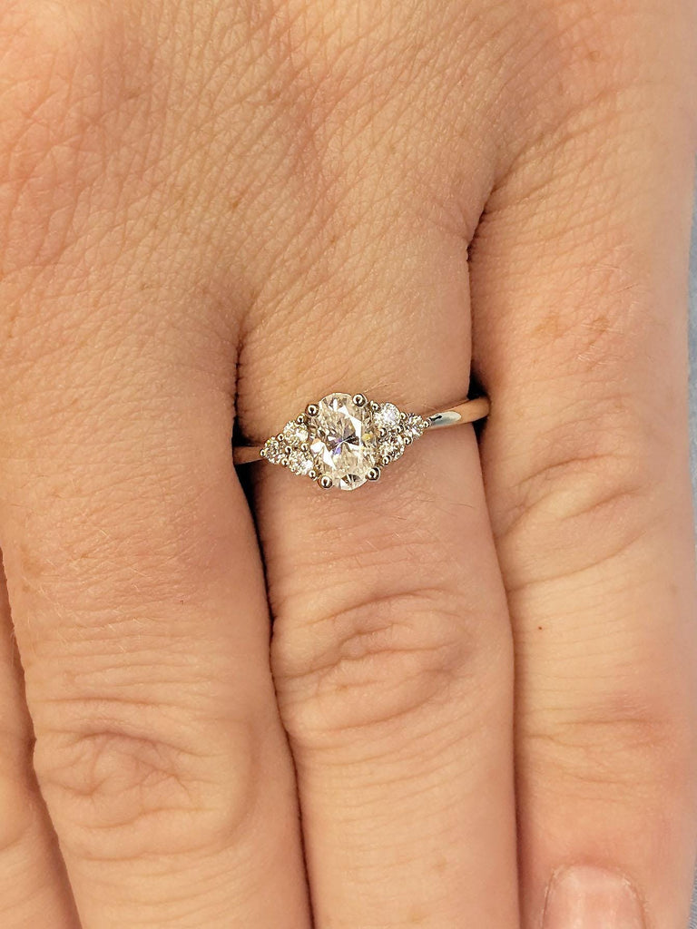 Oval cut Moissanite Engagement Rings for Women | Vintage Ring | Unique Lab Diamond Cluster White Gold Promise Ring, Oval Diamond Bridal ring