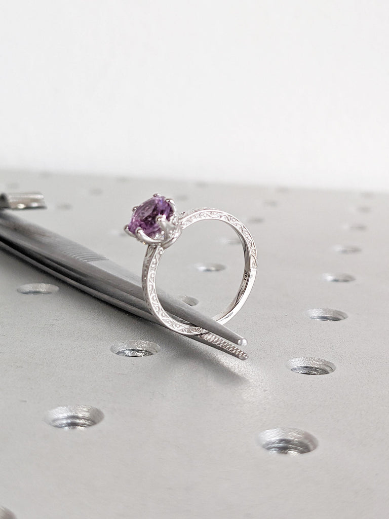 Lab Alexandrite Engagement Ring, Art Deco 14k White Gold Ring, Hidden Halo Ring, Solitaire Wedding Ring, Dainty Filigree Ring, Bridal Gift