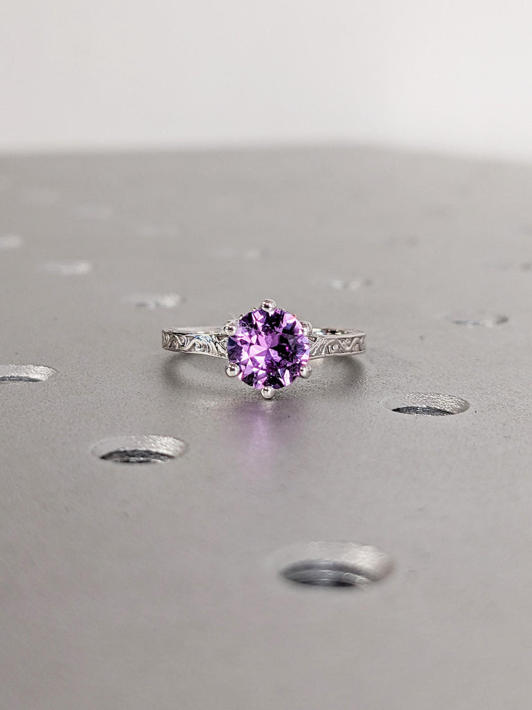 Lab Alexandrite Engagement Ring, Art Deco 14k White Gold Ring, Hidden Halo Ring, Solitaire Wedding Ring, Dainty Filigree Ring, Bridal Gift