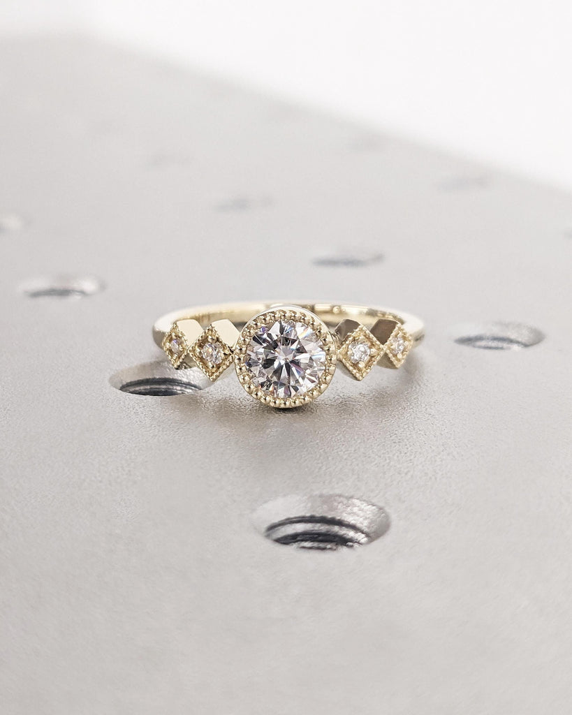 Bezel Set Moissanite Ring, Art Deco 14k Solid Gold Ring, Unique Anniversary Rings for Women, Vintage Milgrain Ring, Birthday Gift for Mom