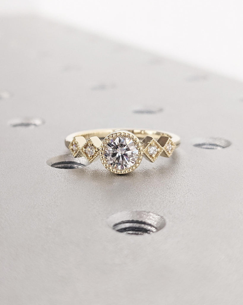 5mm Moissanite Engagement Ring, Milgrain 14K Yellow Gold Wedding Band, Round Moissanite Ring, Unique Proposal Ring, Wedding Anniversary Gift