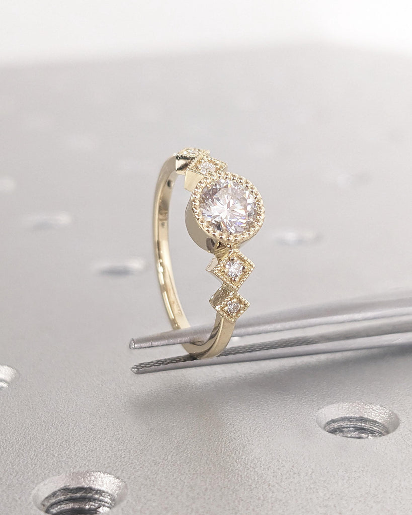 5mm Moissanite Engagement Ring, Milgrain 14K Yellow Gold Wedding Band, Round Moissanite Ring, Unique Proposal Ring, Wedding Anniversary Gift