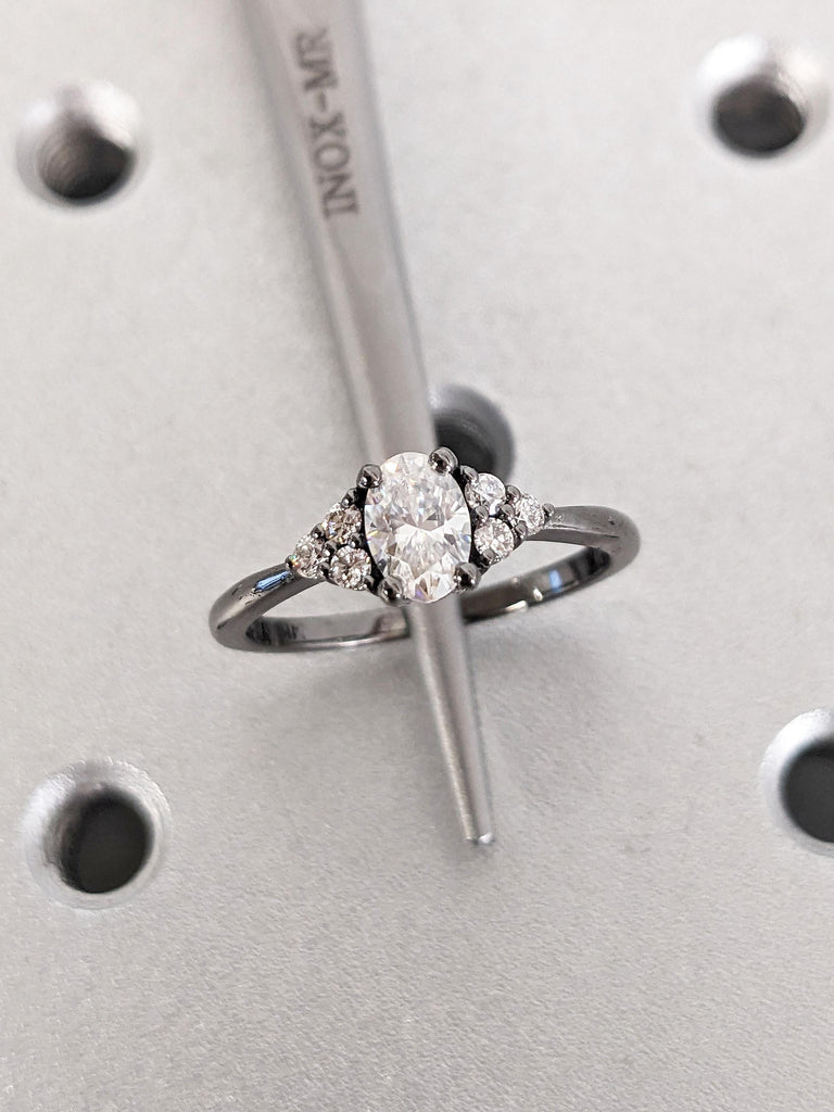 1 CT, 2 CT Oval Lab Grown Diamond Cluster Engagement Ring in 14k Black Gold | Prong Set Ring | Oval Cut CVD Diamond Ring | Tapered Shank