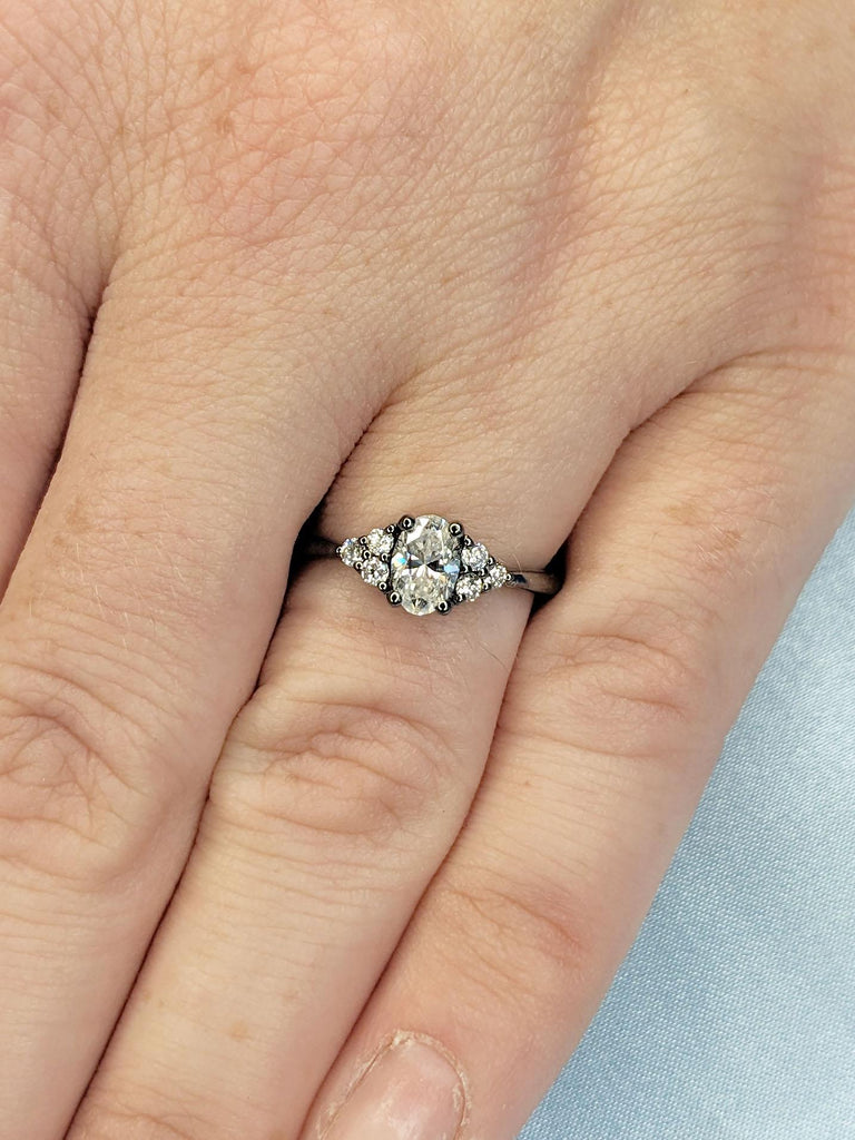 Oval cut Moissanite Engagement Rings for Women | Vintage Gothic Ring | Unique Lab Diamond Cluster White Gold Promise Ring, Oval Diamond Bridal ring