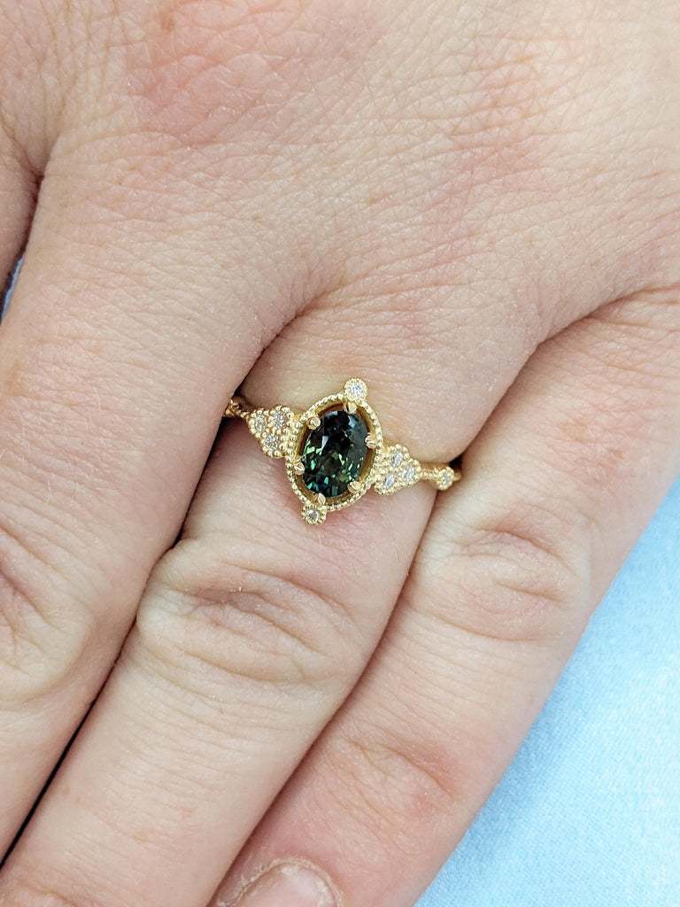 Peacock Sapphire Ring, 18k Yellow Gold Sapphire Anniversary Ring, Milgrain Engagement Ring, Vintage Promise Rings for Women, Gift for Wife