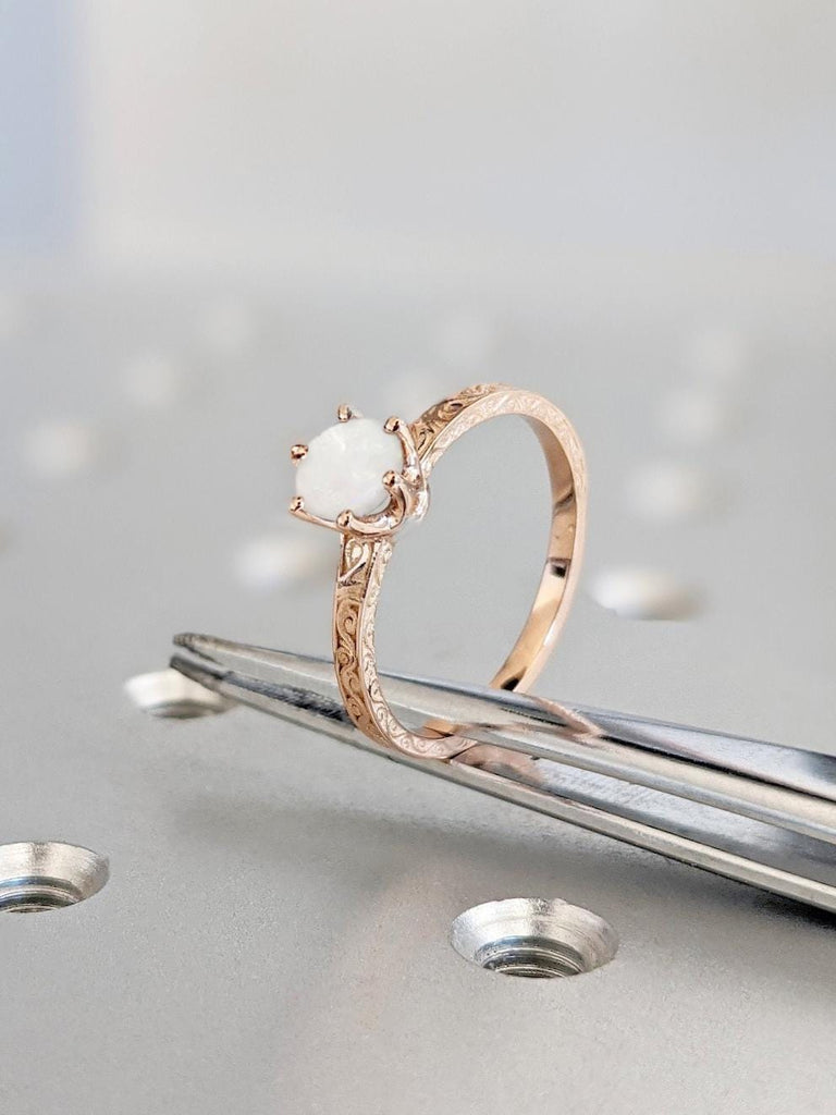 Vintage Opal Engagement Ring | 18k Rose Gold Rings for Women | 0.5ct Round cut Natural Opal Ring | Filigree Wedding Ring | Promise Ring