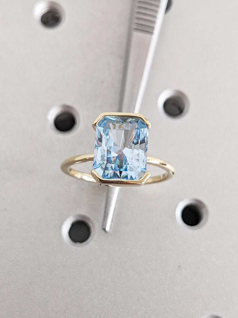 Lab Aquamarine Ring, 14k Yellow Gold Solitaire Ring, Radiant Cut Blue Aquamarine Ring, Floating Bezel Proposal Ring, Birthday Gift for Mom
