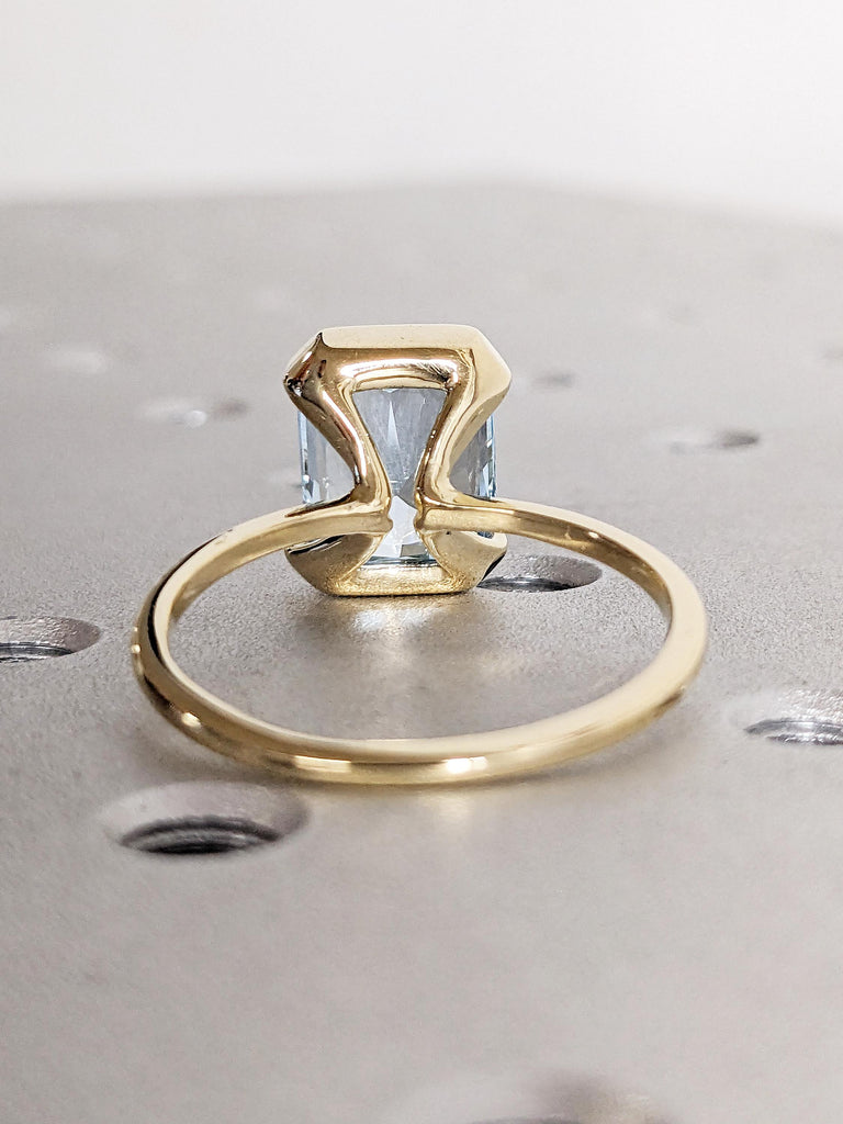 Lab Aquamarine Ring, 14k Yellow Gold Solitaire Ring, Radiant Cut Blue Aquamarine Ring, Floating Bezel Proposal Ring, Birthday Gift for Mom