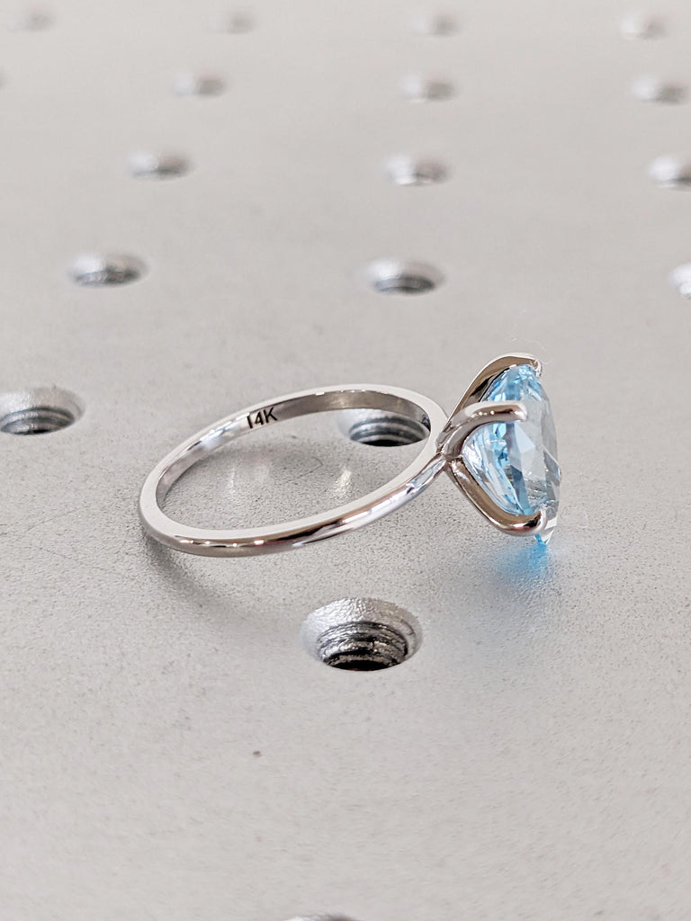 Lab Aquamarine Engagement Ring, 14k White Gold Promise Rings for Women, Solitaire Proposal Ring, Blue Aquamarine Ring, Gift for Girlfriend