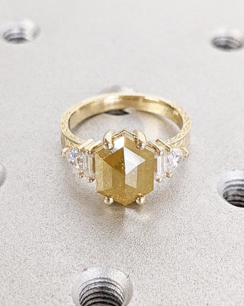 Art Deco Hexagon Cut Salt and Pepper Diamond Engagement Ring, Yellow Salt and Pepper Diamond Trillion Baguette Art Deco Bridal Ring 14K Gold