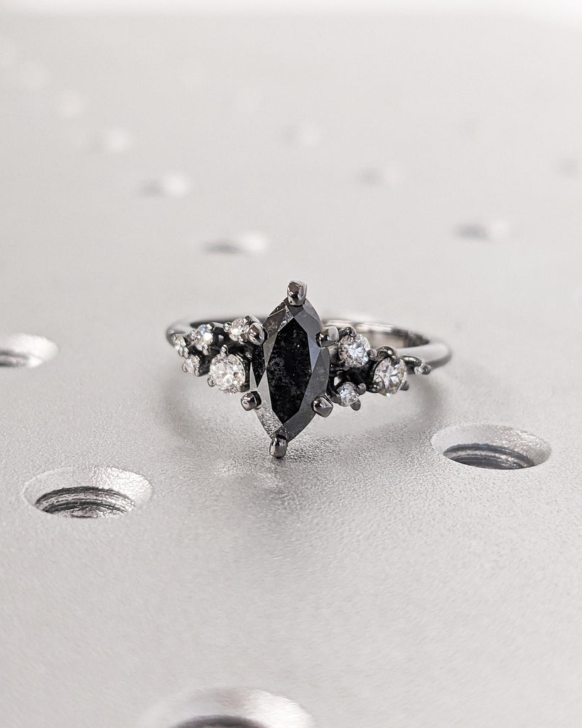 Marquise Salt and Pepper Diamond 14K Black Gold Engagement Ring | Unique Snowdrift 6 Prong Diamond Cluster Promise Ring | Wedding Ring Women