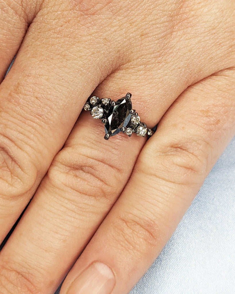 Marquise Salt and Pepper Diamond 14K Black Gold Engagement Ring | Unique Snowdrift 6 Prong Diamond Cluster Promise Ring | Wedding Ring Women