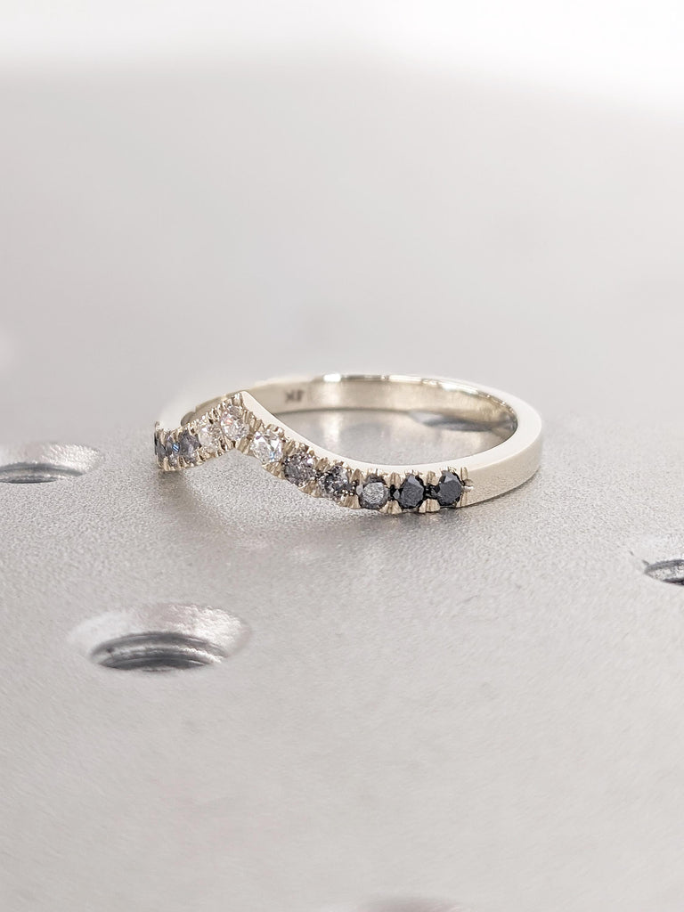 Ombre Diamond Chevron Ring, 14k White Gold Stacking Ring, Diamond V Shaped Ring, Unique Matching Ring, Stackable Ring, Chevron Wedding Band