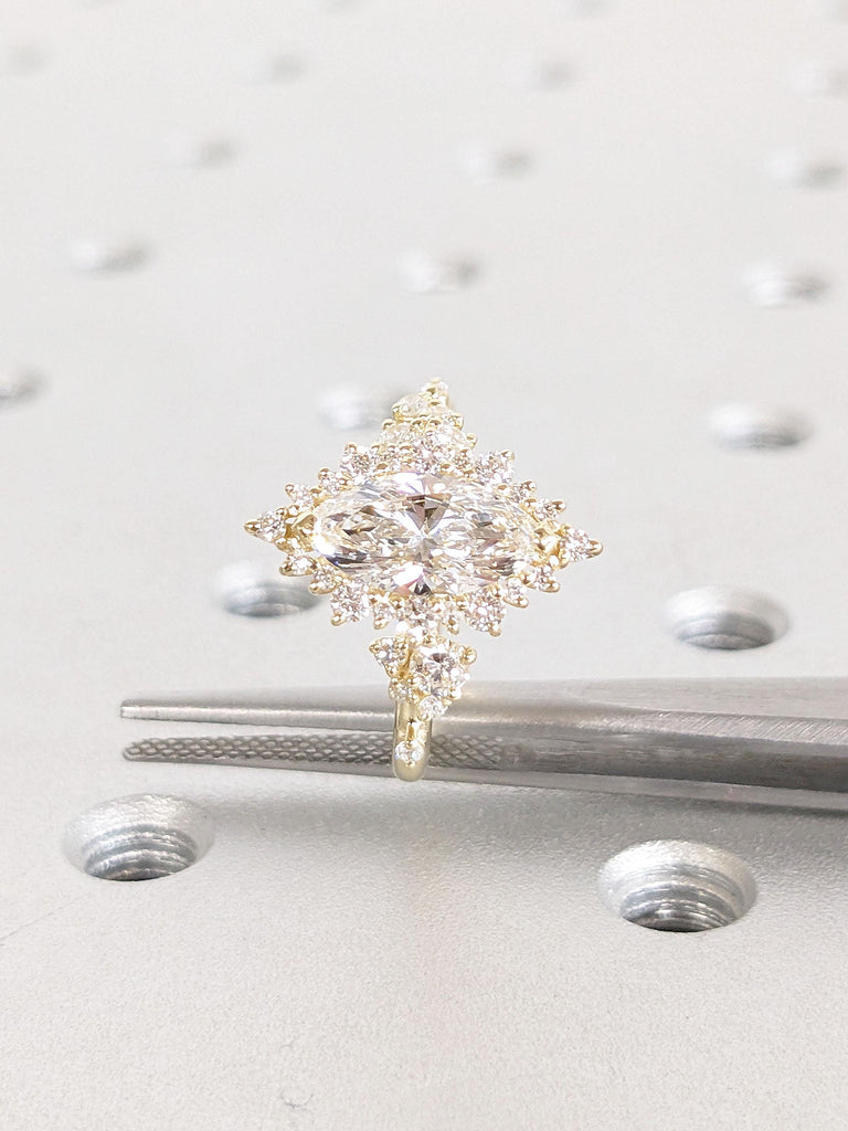 Marquise Lab Grown Diamond 14K Yellow Gold Engagement Ring | Unique Snowdrift Diamond Cluster Promise Ring | Art Deco Wedding Ring for Her