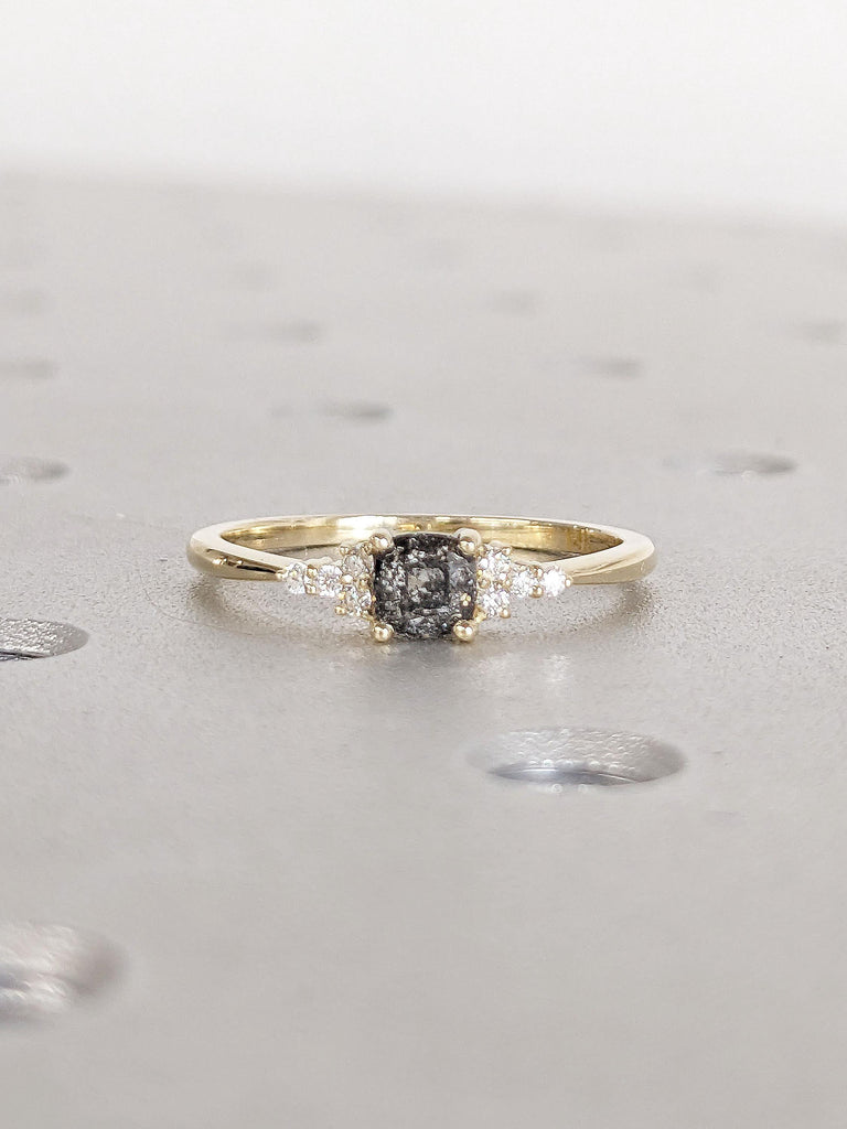 Cushion cut 14k Gold Engagement Ring, Square Black Natural Diamond Engagement Ring, Yellow Gold, Cushion, Natural Salt and Pepper Diamond, Black Diamond Jewelry