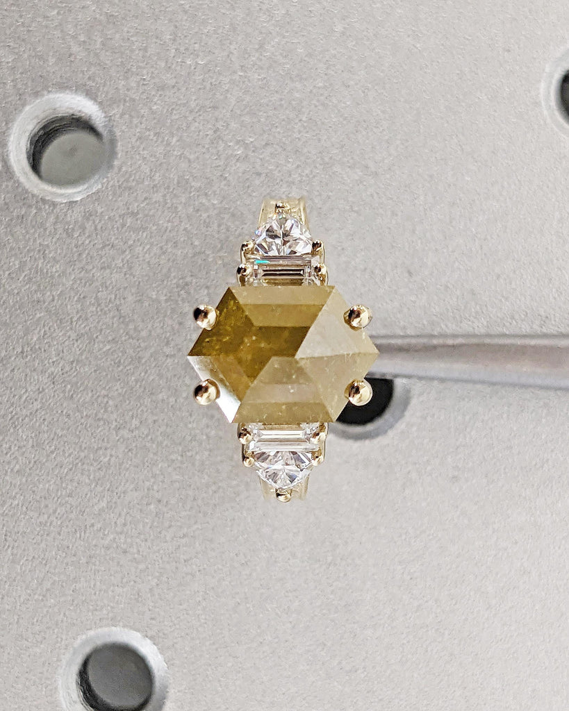 Art Deco Hexagon Cut Salt and Pepper Diamond Engagement Ring, Yellow Salt and Pepper Diamond Trillion Baguette Art Deco Bridal Ring 14K Gold