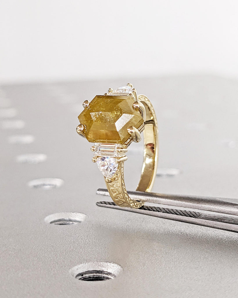 Unique Hexagon cut Diamond Engagement Ring for Women | Yellow Gemstone Ring | Natural Salt and Pepper Diamond Ring | Handmade Bridal Jewelry
