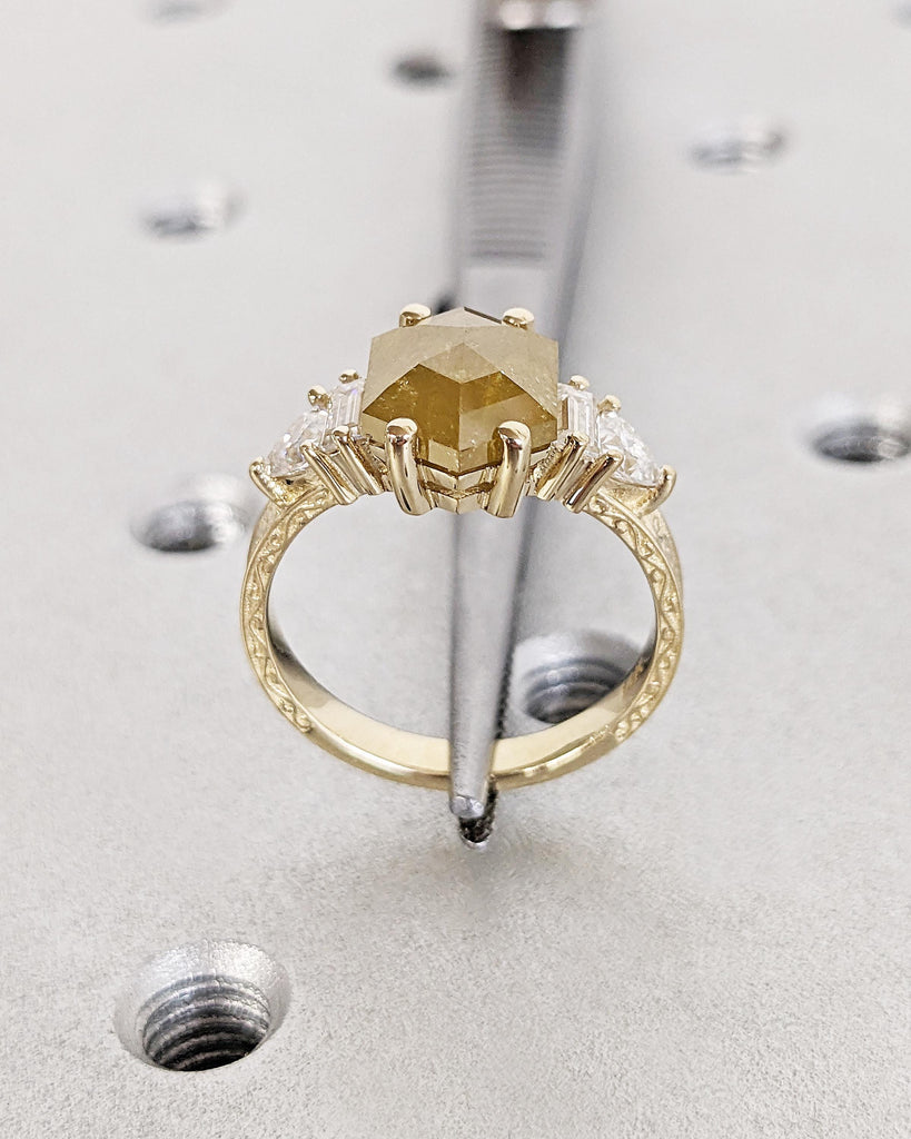 Natural Yellow Diamond Ring | 14k Real Gold Promise Ring | Antique Filigree Band Wedding Anniversary Ring Gift for Wife | Baguette Diamond