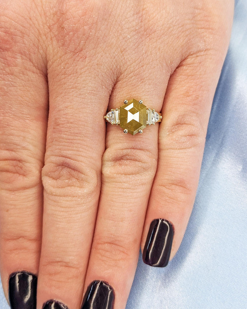 Unique Hexagon cut Diamond Engagement Ring for Women | Yellow Gemstone Ring | Natural Salt and Pepper Diamond Ring | Handmade Bridal Jewelry