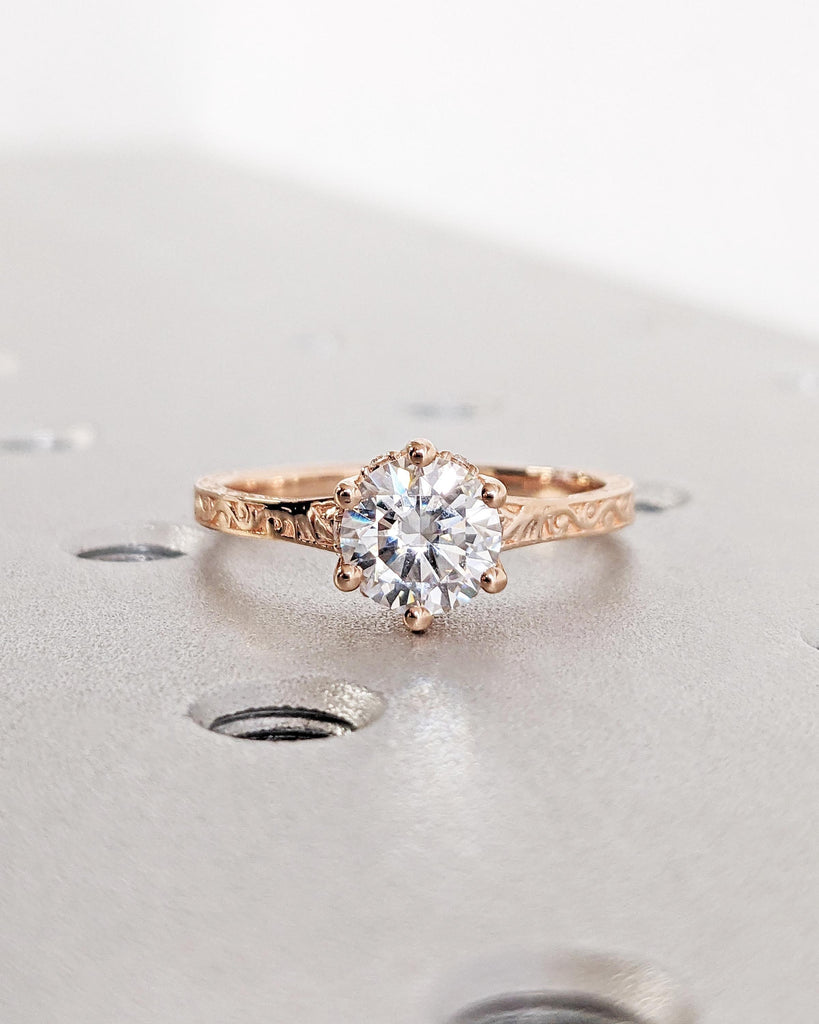 Vintage Engagement Ring Moissanite Engagement Ring Art Deco Hidden Halo Ring Prong Set Anniversary Unique Ring Carved Filigree Minimalist