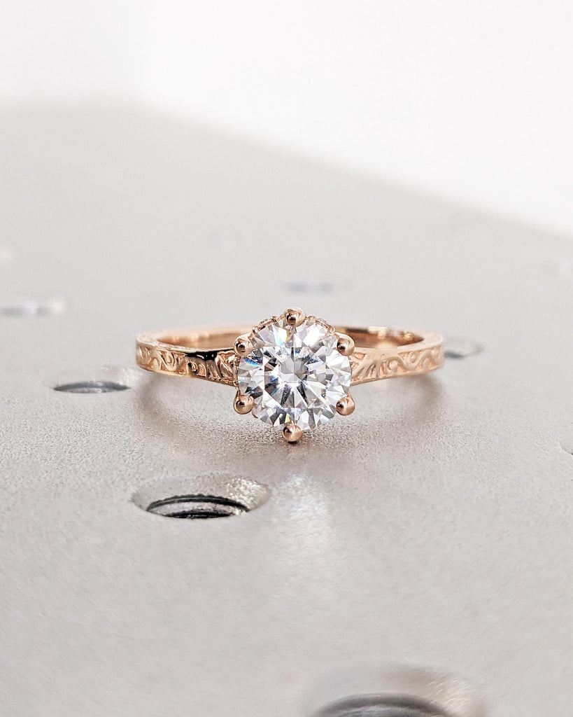 Vintage Engagement Ring Moissanite Engagement Ring Art Deco Hidden Halo Ring Prong Set Anniversary Unique Ring Carved Filigree Minimalist