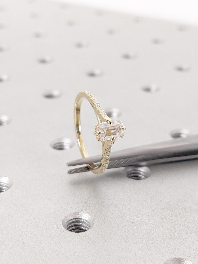 Dainty Moissanite Anniversary Ring, 14k Yellow Gold Eternity Ring, Diamond and Moissanite Engagement Ring, Hidden Halo Promise Ring for Her