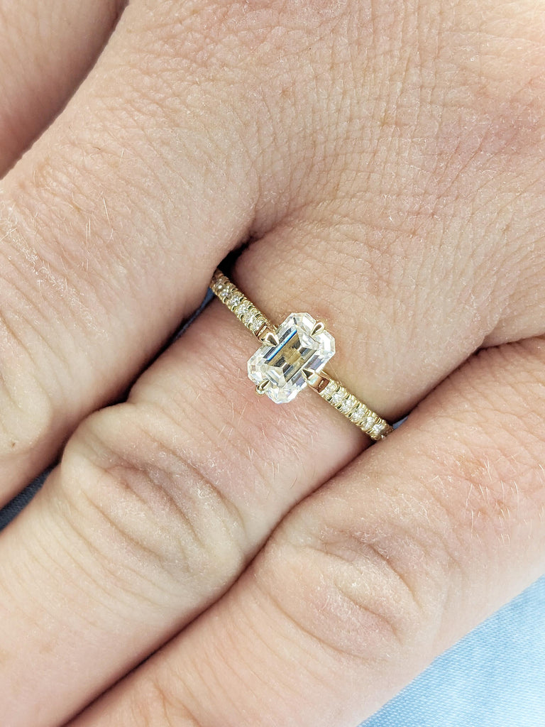 Emerald Cut Moissanite Engagement Ring | 14k Yellow Gold Ring | Art Deco Moissanite Ring | Hidden Halo Wedding Ring | Eternity Promise Ring