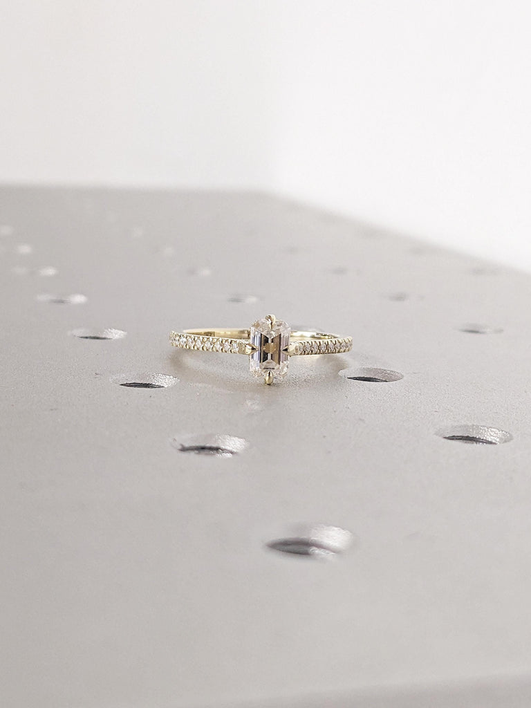 Dainty Moissanite Anniversary Ring, 14k Yellow Gold Eternity Ring, Diamond and Moissanite Engagement Ring, Hidden Halo Promise Ring for Her