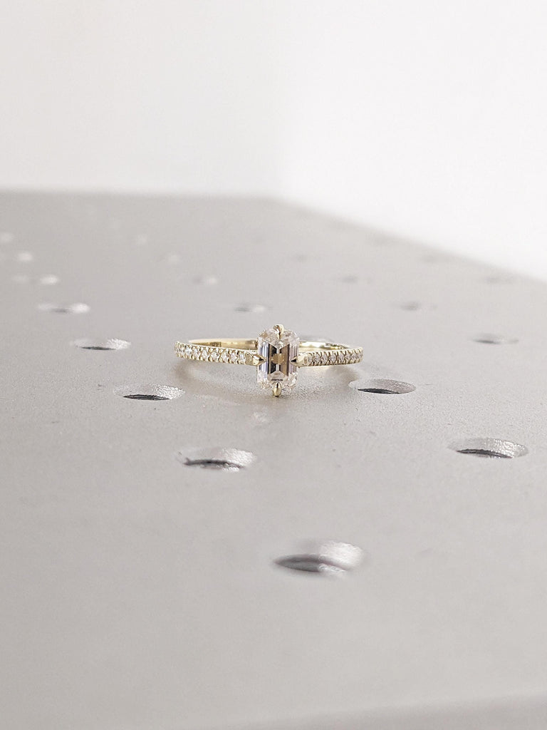 Emerald Cut Moissanite Engagement Ring | 14k Yellow Gold Ring | Art Deco Moissanite Ring | Hidden Halo Wedding Ring | Eternity Promise Ring