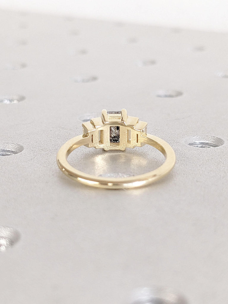Vintage Salt and Pepper Grey Diamond Engagement Ring | Unique Emerald cut Yellow Gold Ring | Multi Stone Diamond Rings | Anniversary Ring