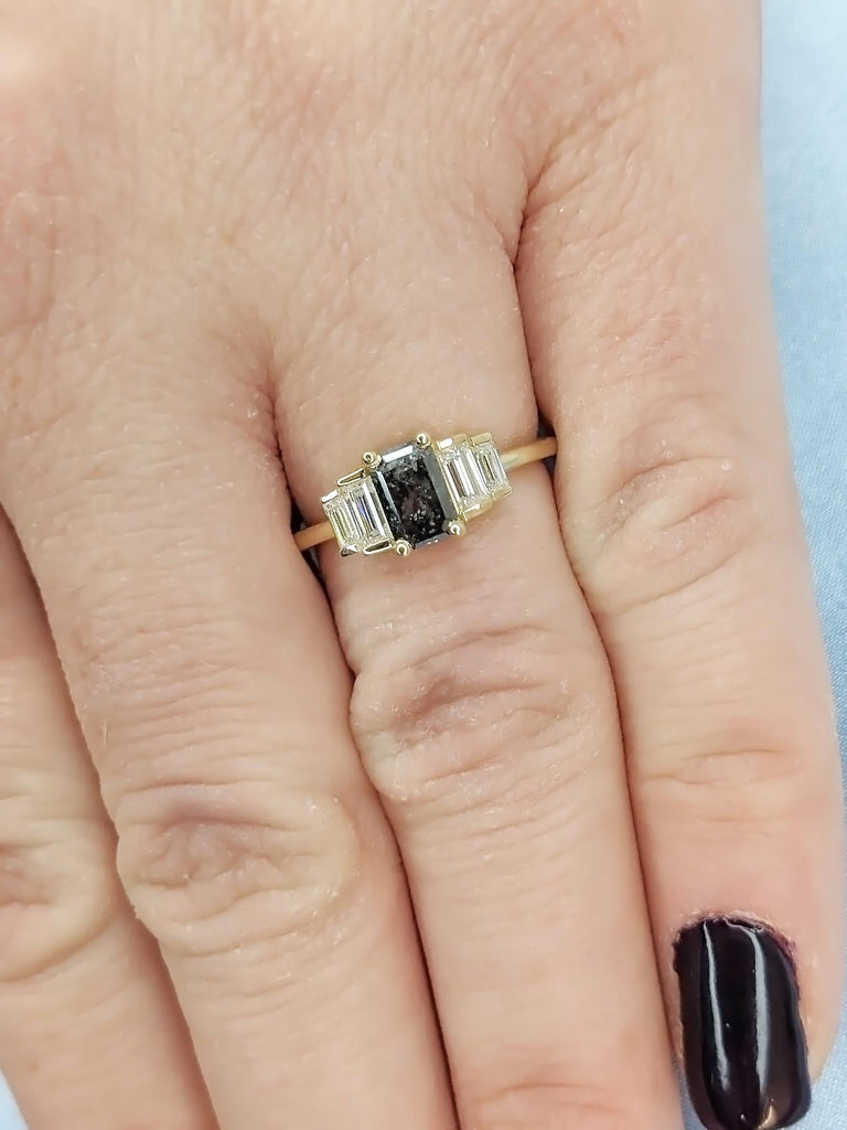 Vintage Salt and Pepper Grey Diamond Engagement Ring | Unique Emerald cut Yellow Gold Ring | Multi Stone Diamond Rings | Anniversary Ring