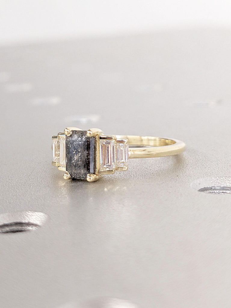 Vintage Diamond Engagement Ring  | Unique Emerald cut Yellow Gold Ring | Art Deco Multi Stone Diamond Rings | Unique Anniversary Promise Ring