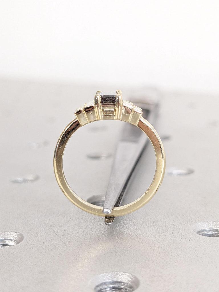 Vintage Salt and Pepper Grey Diamond Engagement Ring | Unique Emerald cut Yellow Gold Ring | Multi Stone Diamond Rings | Anniversary Ring
